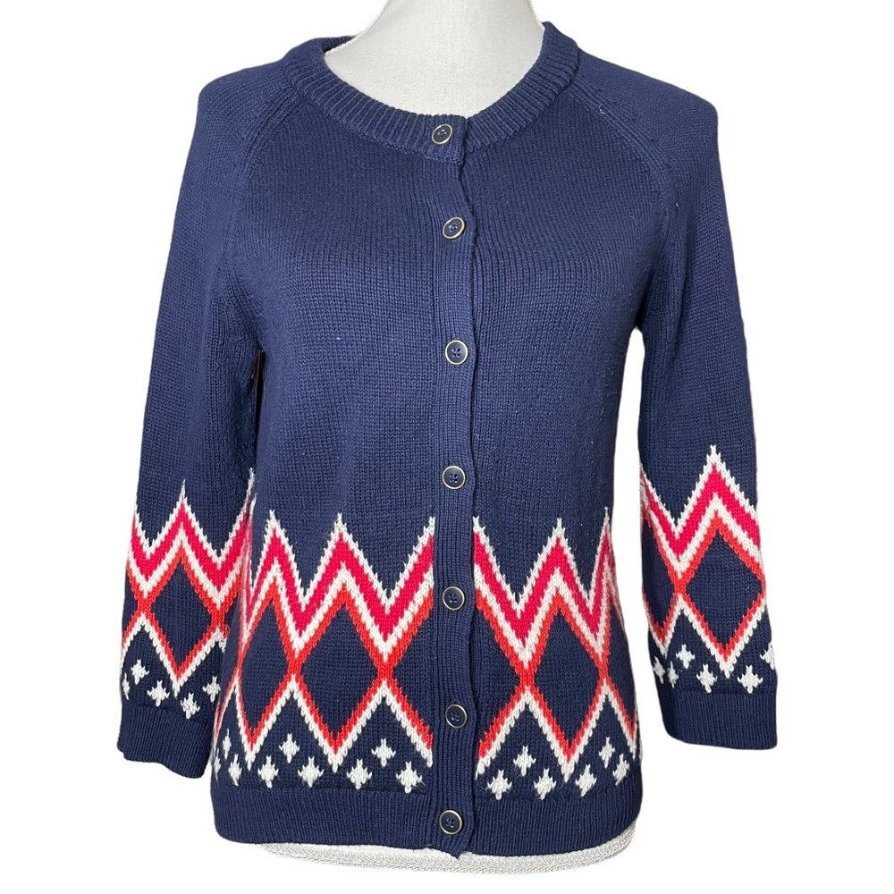 Tommy Hilfiger Zigzag Cardigan M Diamond Patriotic Stars Chevron Navy Blue Red